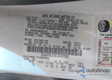 2012 Ford Fusion Hybrid from USA, damaged, VIN 3FADP0L38CR347783